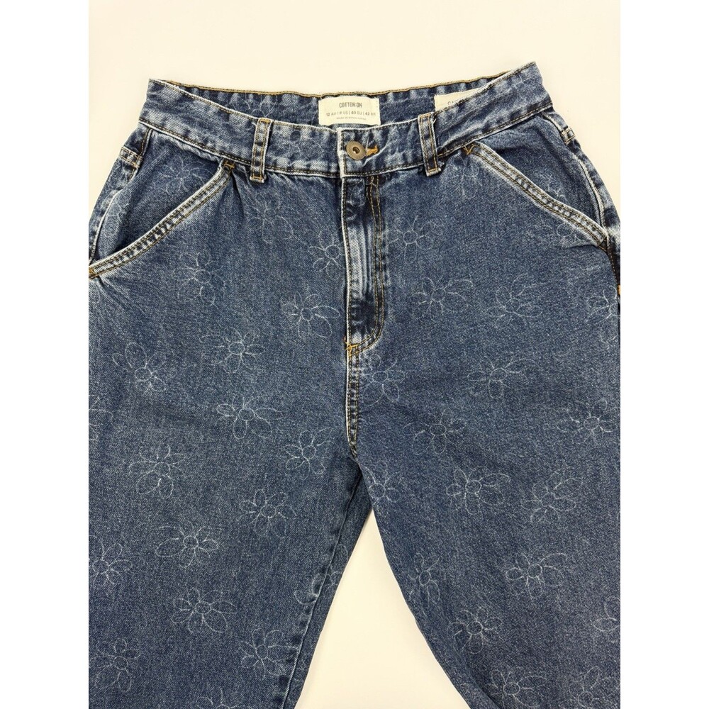 Cotton On Floral Carpenter Jeans Size 8 Blue Wide Leg Cargo Pants High Rise - Picture 8 of 13